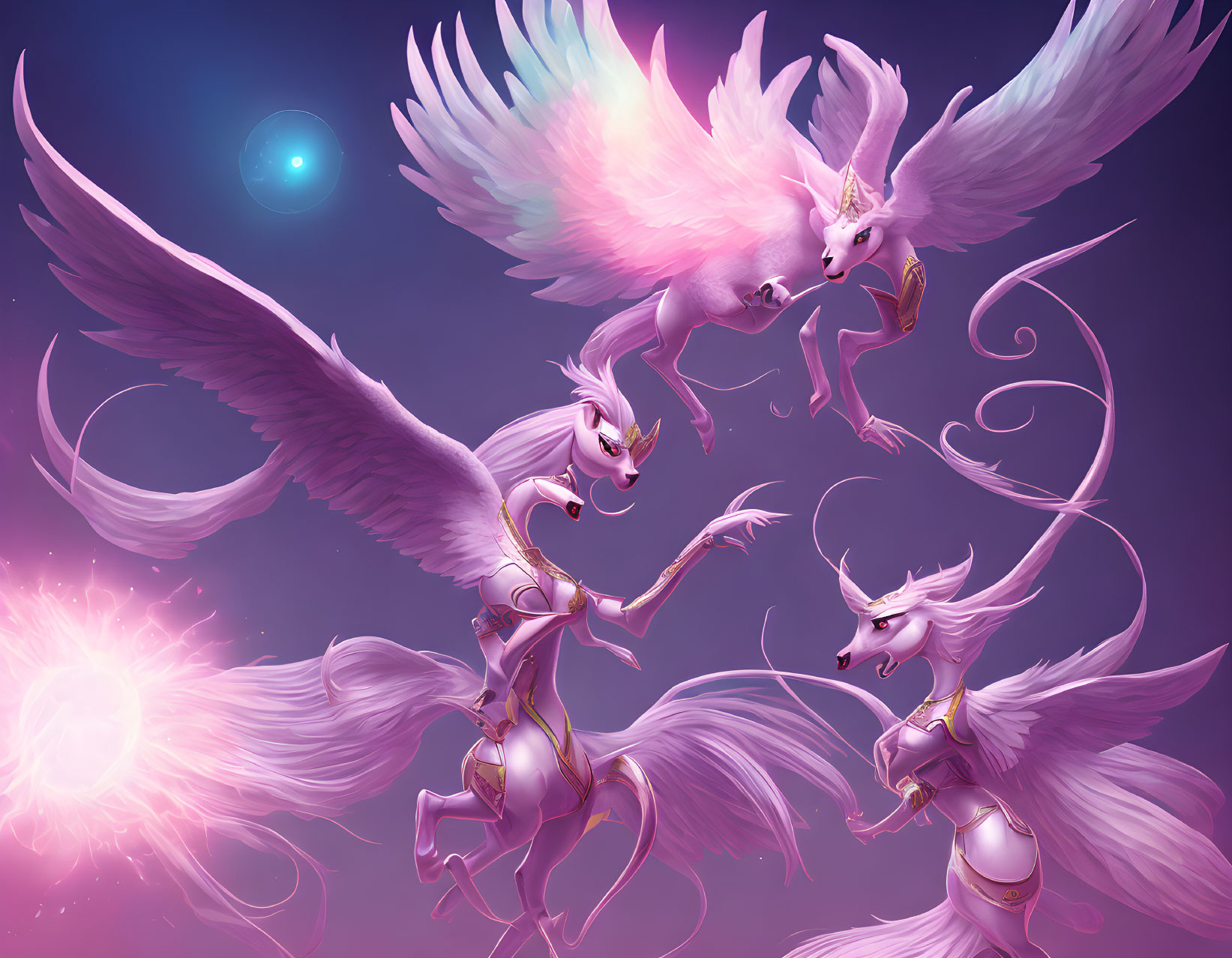 Three mythical winged creatures in dreamy purple sky with magical orbs