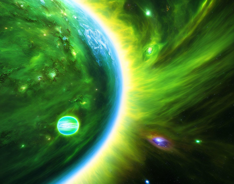 Half-lit planet in vibrant cosmic scene with green nebulae and distant stars.