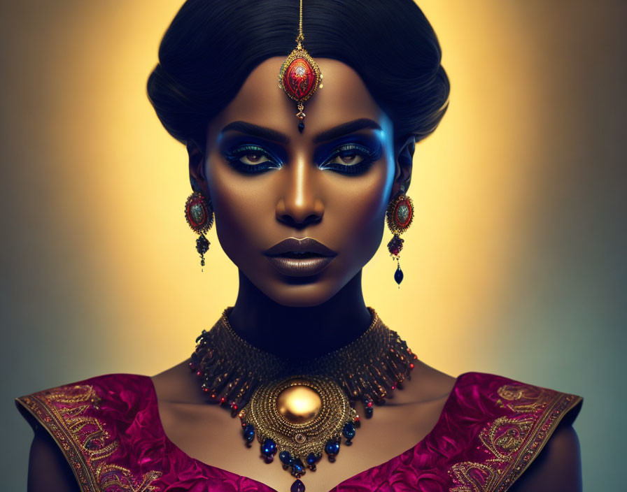 Woman with Striking Makeup and Elaborate Jewelry on Golden Background