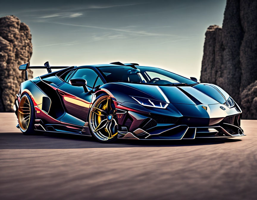 Colorful Lamborghini with rear spoiler parked on rocky surface