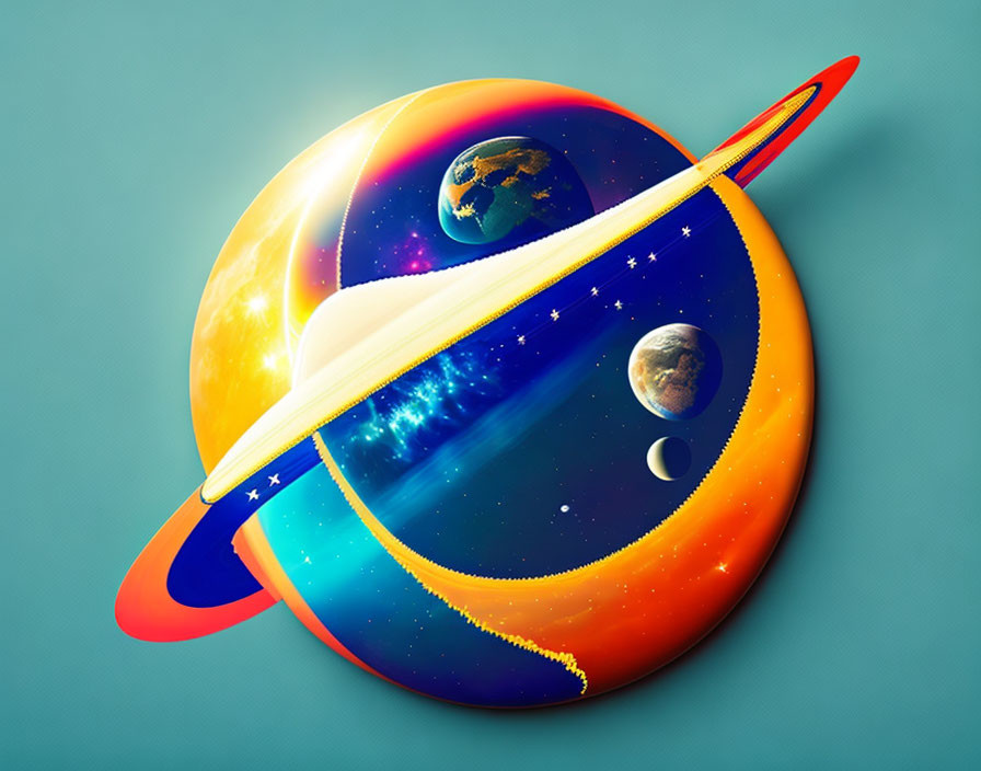 Colorful Space Art with Planets and Rocket in Orbit