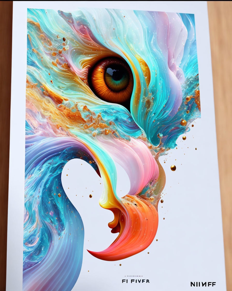 Colorful Abstract Artwork with Swirling Design and Human Eye on White Background