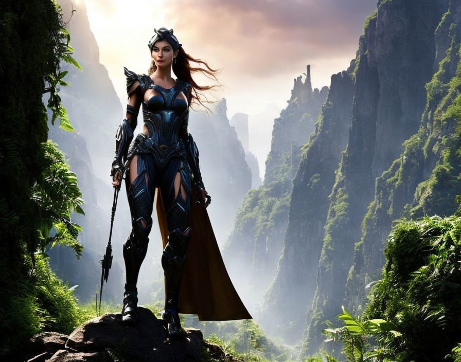 Warrior woman in ornate armor with spear in lush mountain landscape