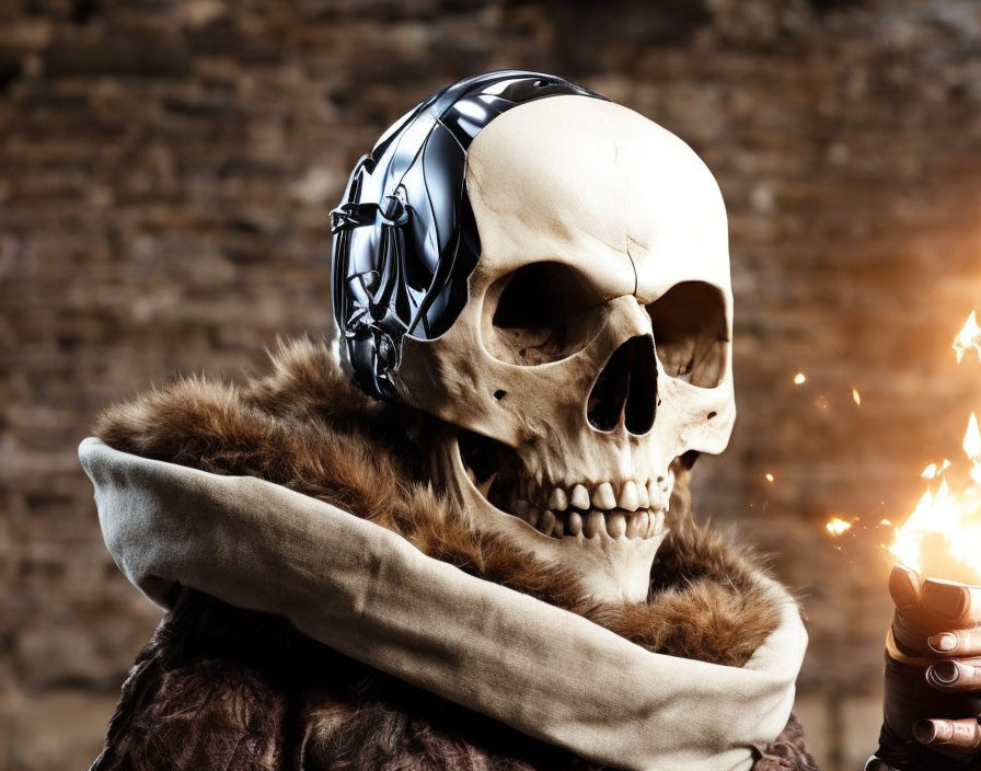 Skull mask costume person with cybernetic headset holding a torch on brick wall background