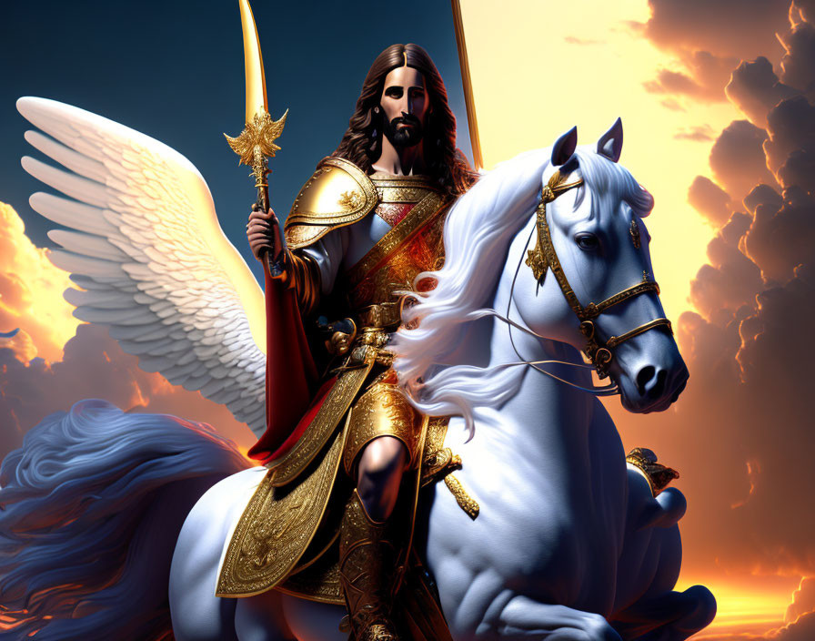 Golden-armored winged warrior on white horse under dramatic sky