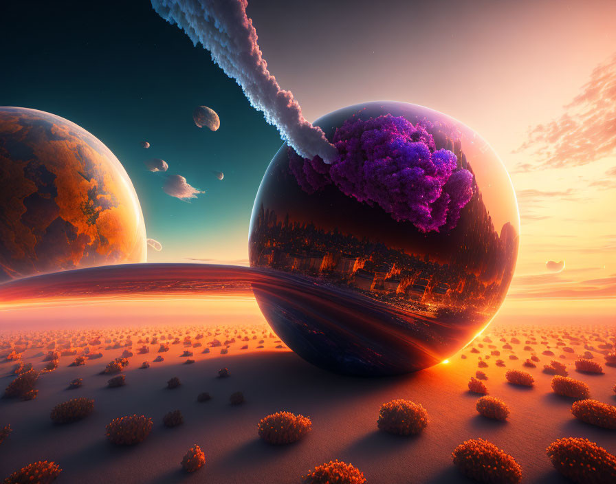 Vibrant surreal landscape with planets, city under glass dome, purple crystals, orange sky