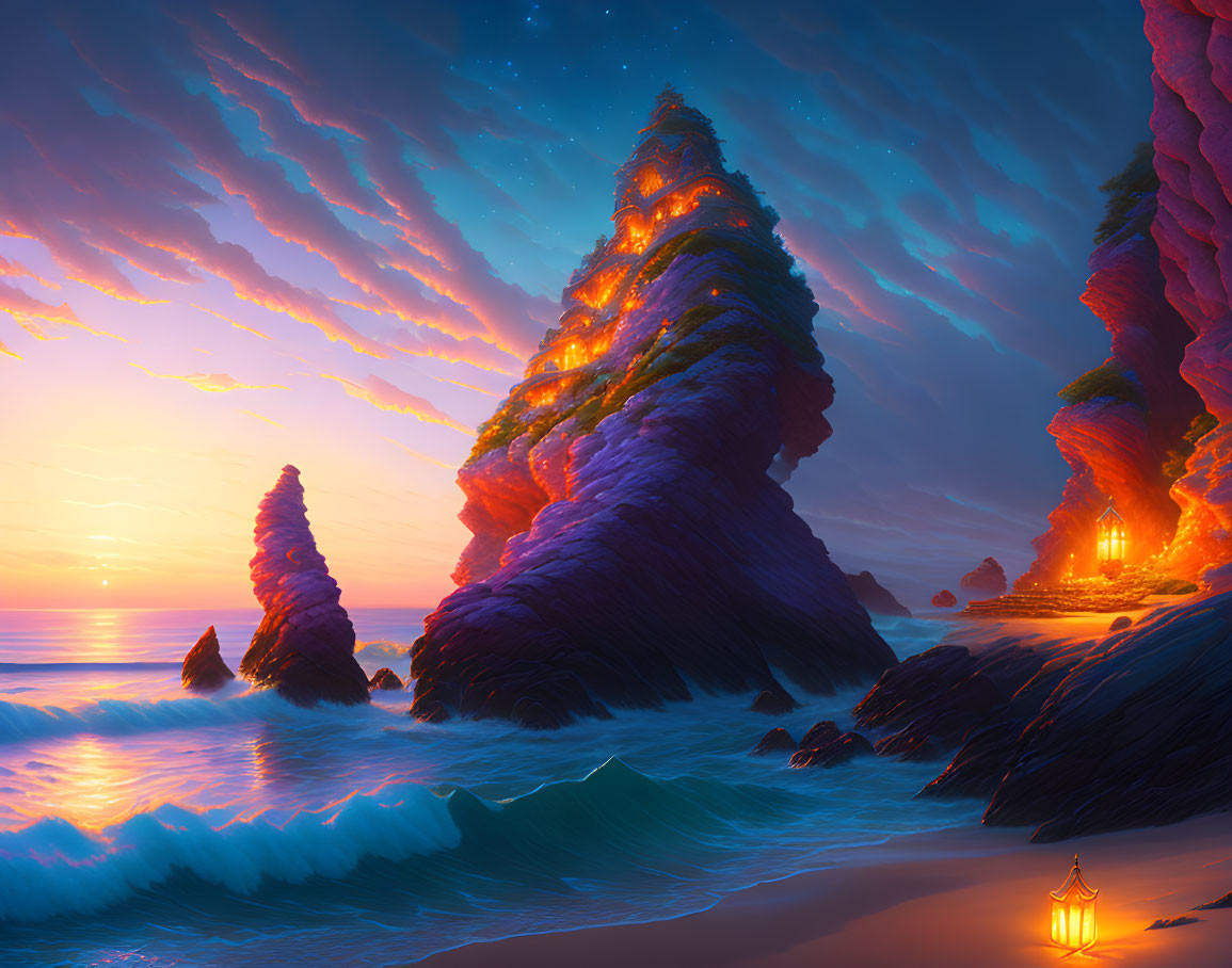 Scenic sunset at rocky beach with cliffs, sparkling waves, and glowing lantern.