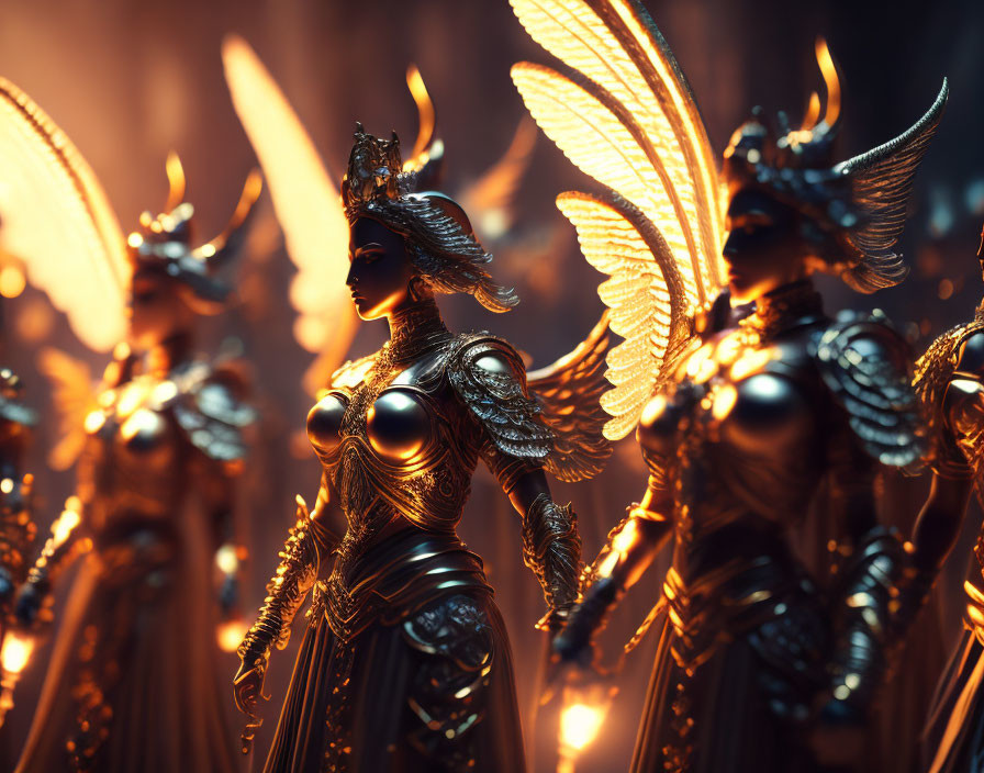 Golden warrior statues in ornate armor and wings under warm backlight