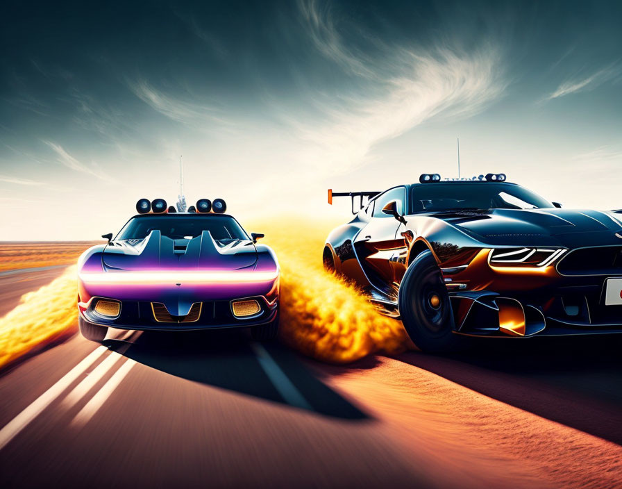 High-speed racing cars with fiery exhaust trails on desert road