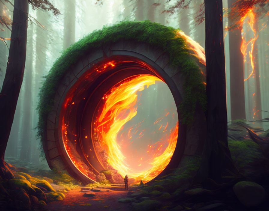 Person standing before gigantic ring with swirling vortex in mystical forest