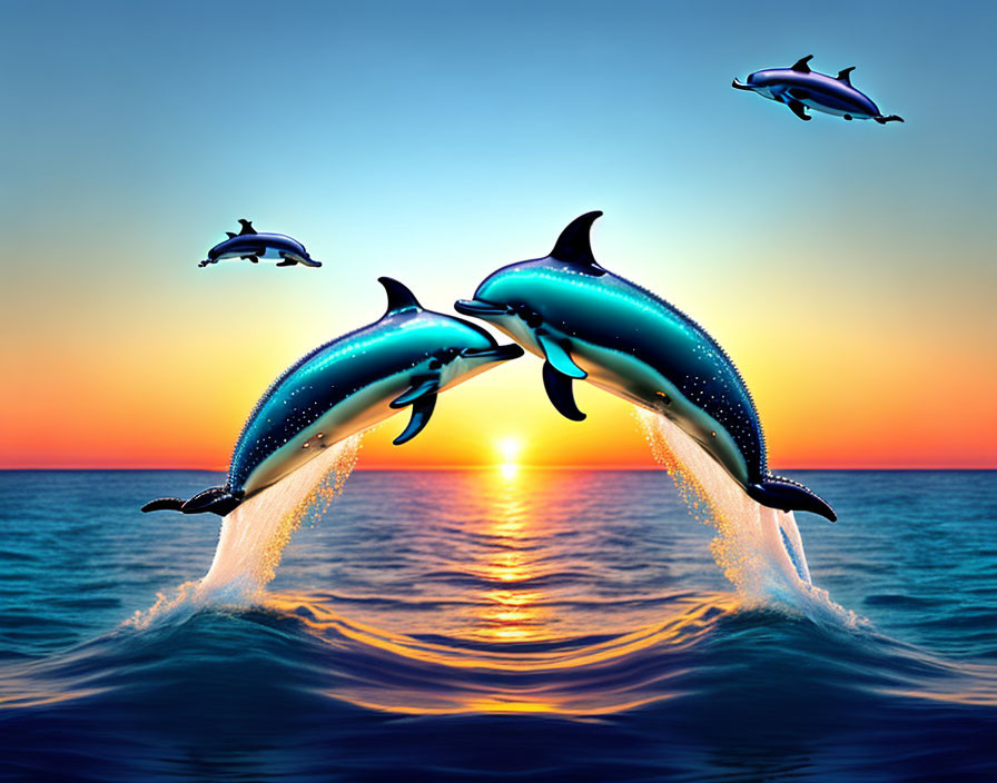 Three dolphins leaping over ocean at sunset with vibrant sky hues.