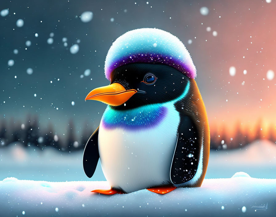 Adorable penguin digital illustration with colorful aura in snowy setting