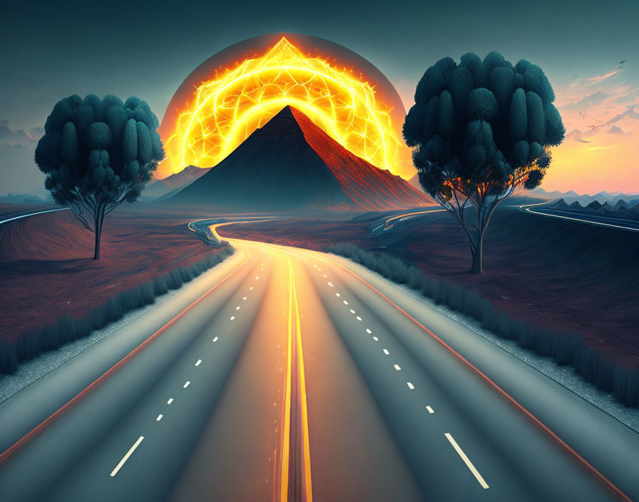 Surreal landscape with glowing volcano, stylized trees, radiant highway