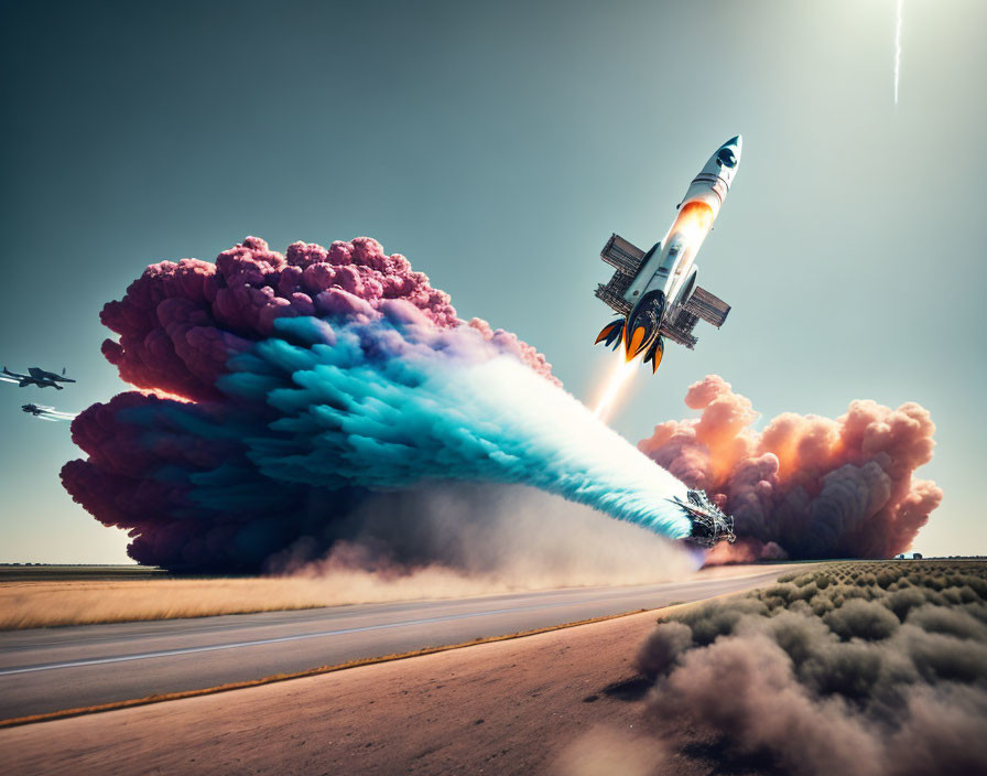 Colorful Smoke Plumes as Space Shuttle Lifts Off with Fighter Jet in Clear Blue Sky