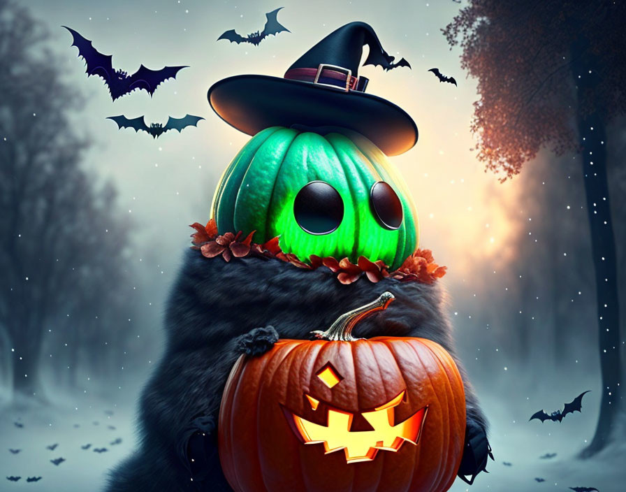 Whimsical Halloween-themed black cat with witch hat and glowing pumpkin in misty forest