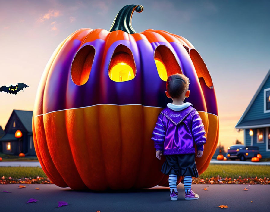 Toddler admires large carved pumpkin at dusk.