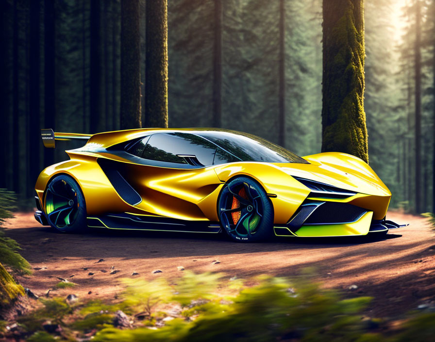 Bright Yellow Sports Car with Black Accents on Forest Road