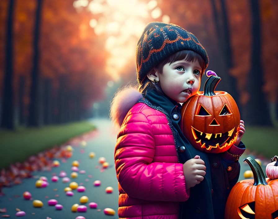 Child in pink jacket holds carved pumpkin lantern in autumn scene