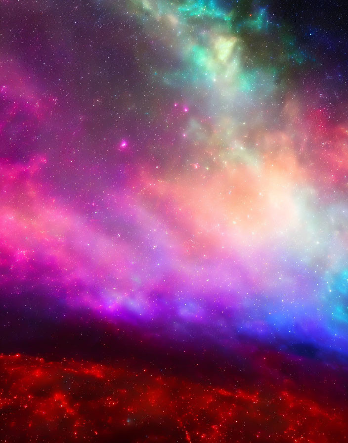 Colorful cosmic nebula in deep purples, blues, and reds