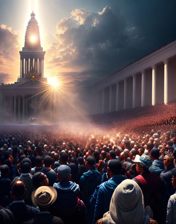 Crowd gathers outside neoclassical building under dramatic sunlight.