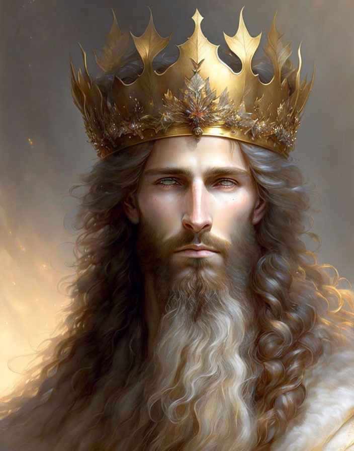 Regal figure with long hair and golden crown gazes forward