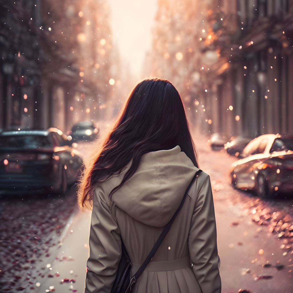 City street at sunset: Woman walking, light filtering through falling leaves