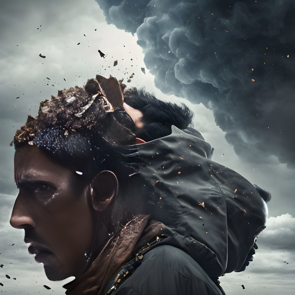 Profile of a man with shattered crown merging into stormy sky, chaos and debris depicted.