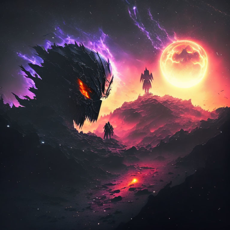 Sci-fi landscape featuring giant dragon head, warrior silhouette, glowing moon, stars, and reddish haze