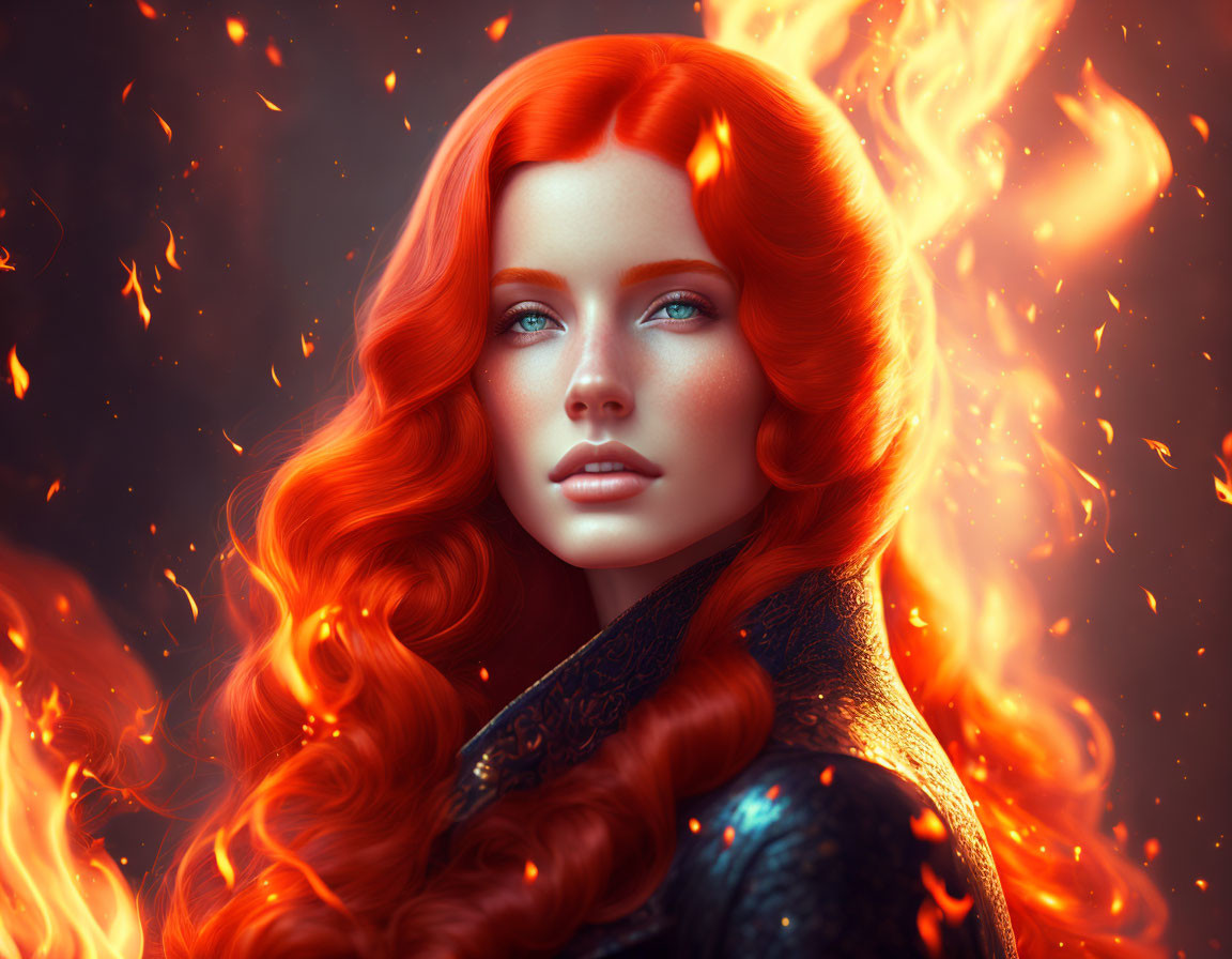 Vibrant Red-Haired Woman Surrounded by Flames