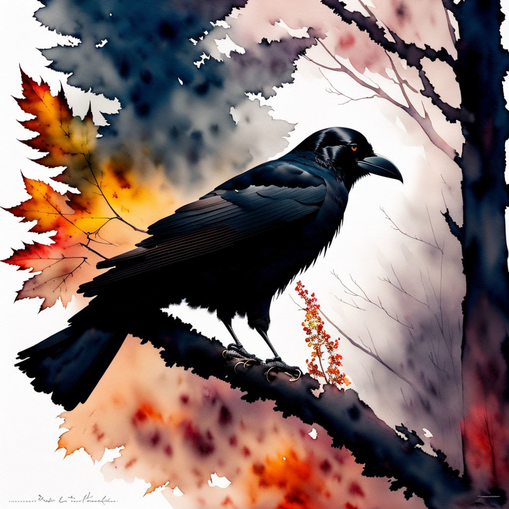 Raven perched on autumn branch with painterly effect