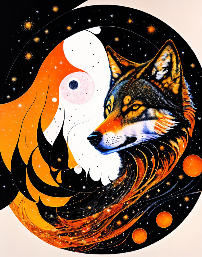 Colorful Wolf Artwork with Cosmic and Celestial Elements