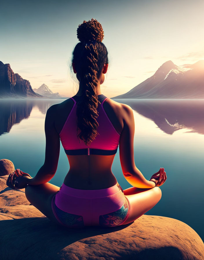 Woman in athletic wear meditating by calm lake at sunset