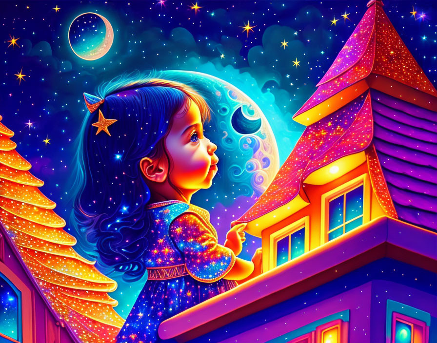 Colorful illustration: Young girl on balcony under night sky