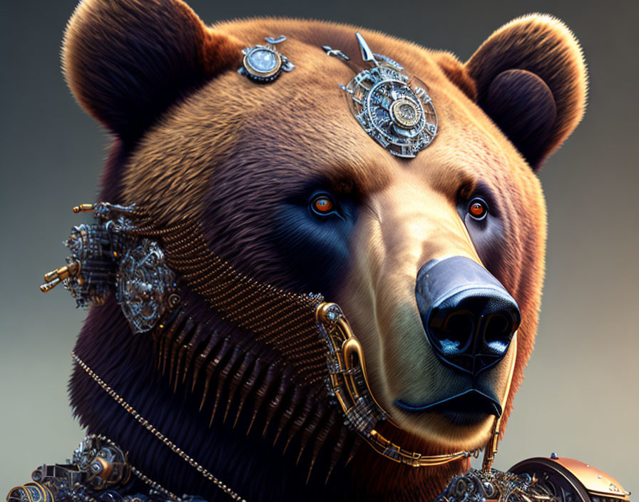 Steampunk-inspired bear illustration with mechanical gears.