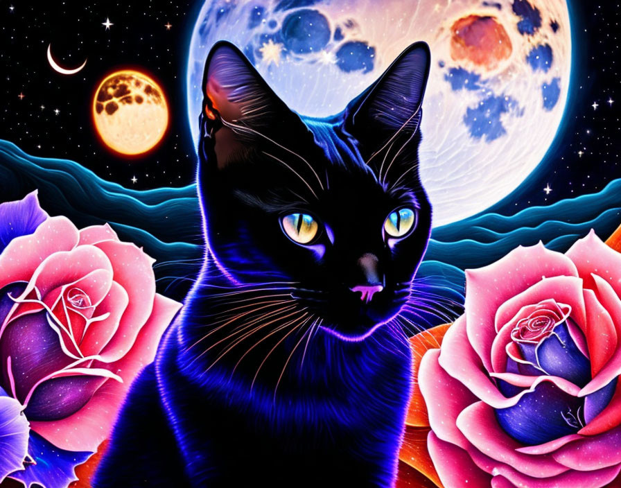 Colorful Digital Art: Black Cat with Yellow Eyes in Cosmic Scene