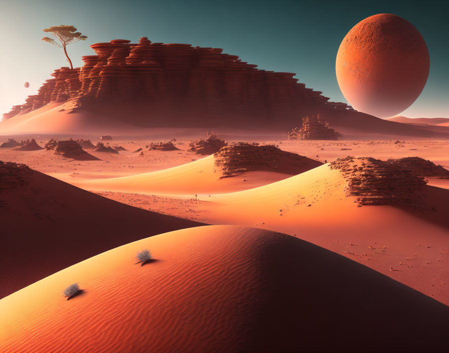 Sand dunes, plateau tree, oversized moon in hazy sky