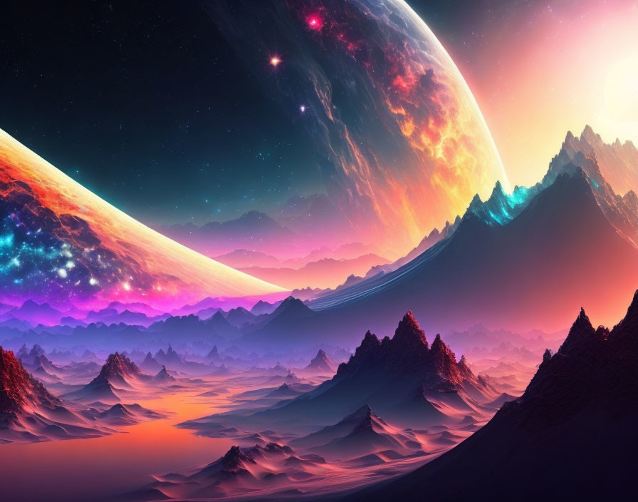 Vibrant sci-fi landscape with towering mountains and massive planet under starry sky