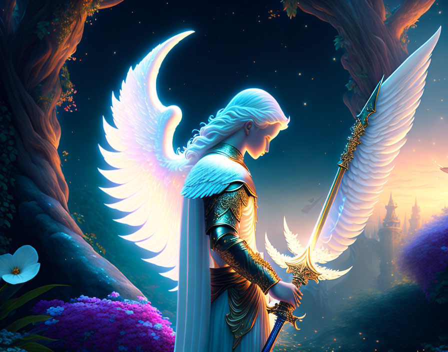 White-winged angel with sword in twilight forest with castle view