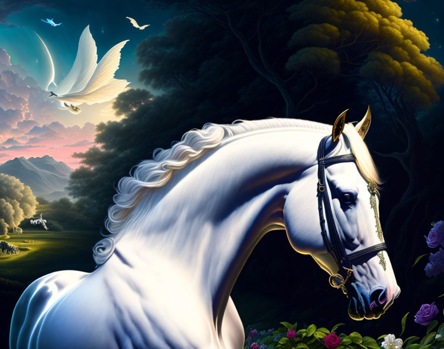 White Horse with Flowing Mane in Luminous Sunset Landscape