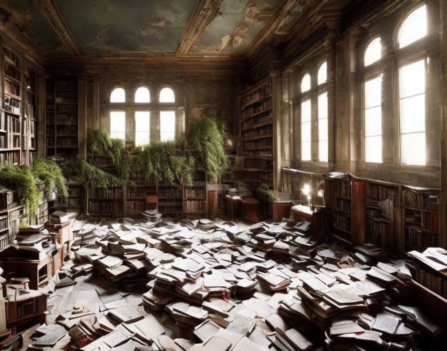 Sunlit old library with large windows, bookshelves, and scattered books