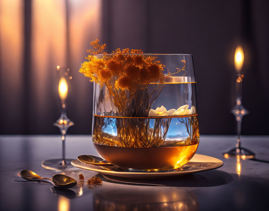 Amber liquid in glass with flowers, spoons, and candles under soft lighting