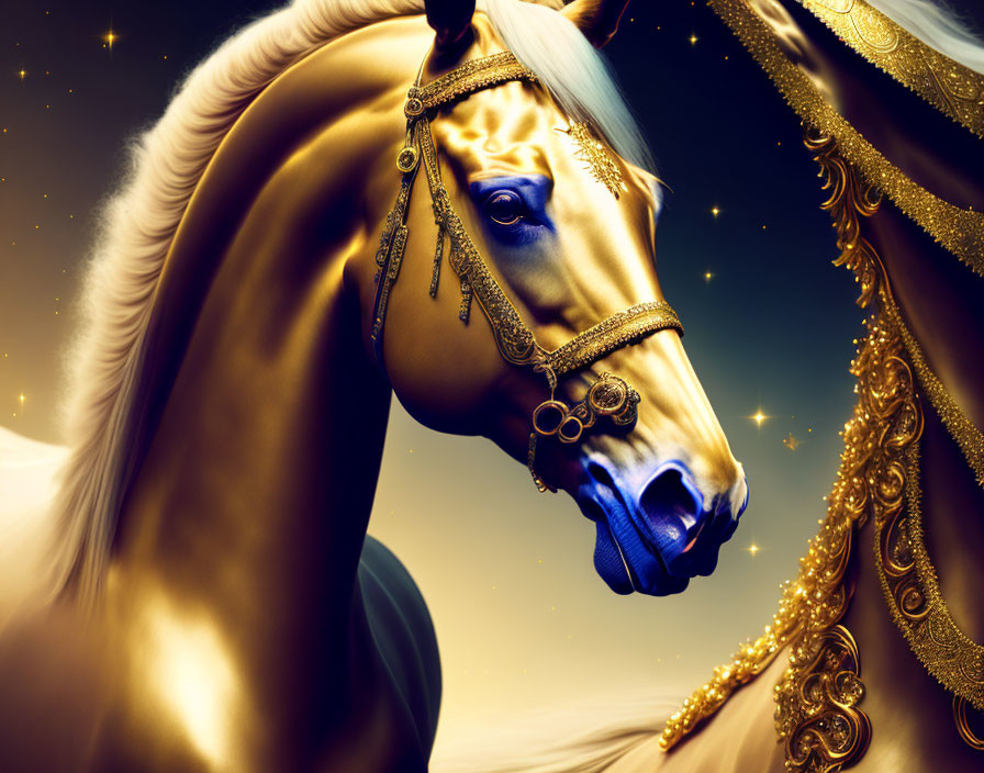 Golden-Maned Horse in Ornate Harness on Starry Background