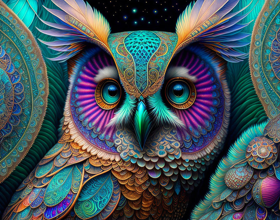 Colorful Digitally Illustrated Owl with Expressive Eyes and Detailed Feathers