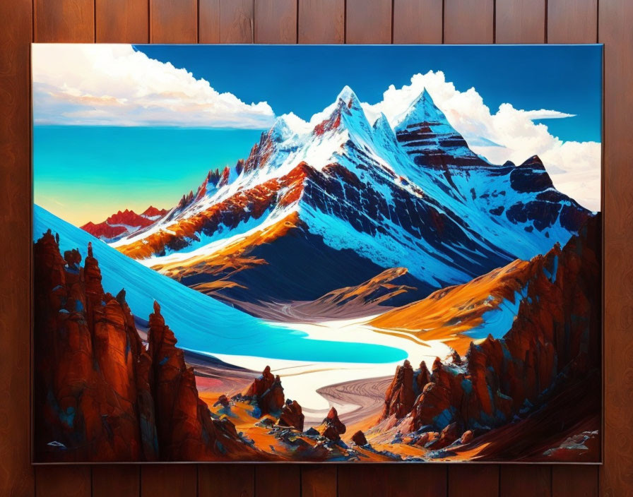 Scenic painting of mountain peaks, orange rocks, river, blue sky on wooden wall