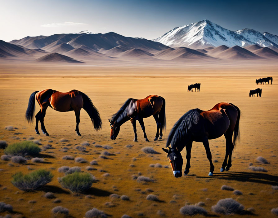 Desert landscape with grazing horses and snow-capped mountains