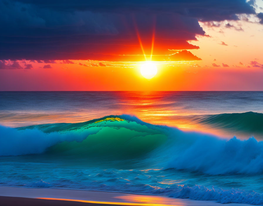 Colorful sunset over ocean horizon with sun, clouds, and waves.