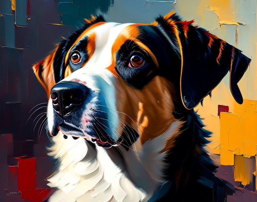 Vibrant tricolor dog portrait with expressive eyes on abstract background