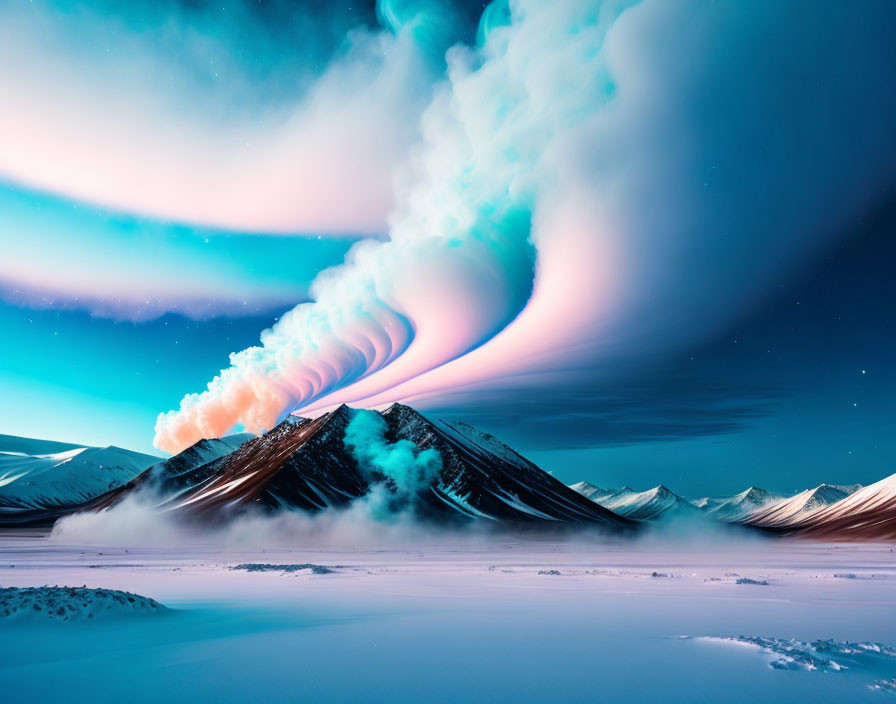 Aurora Borealis over snowy mountain with smoking volcano