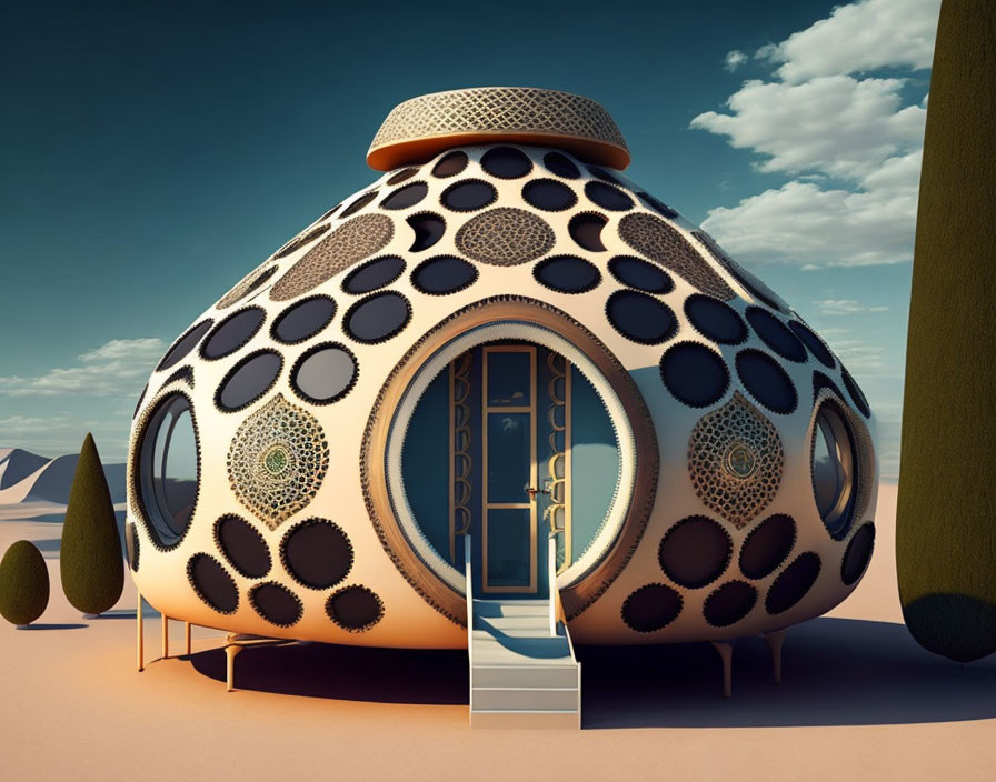 Futuristic spherical house with patterned skin, door, windows, and staircase in desert landscape