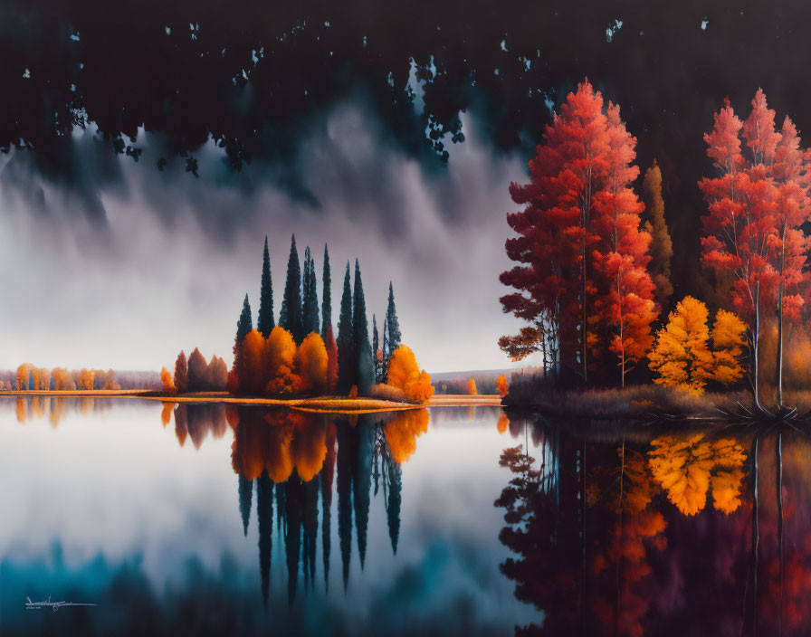 Vibrant red and yellow autumn trees reflected on serene lake under moody sky